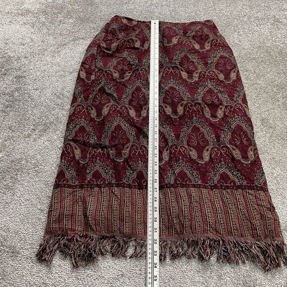 Dressbarn Maxi Skirt Women 14 Red Paisley Tasseled Back Slit Rayon Elastic Waist - Picture 7 of 12